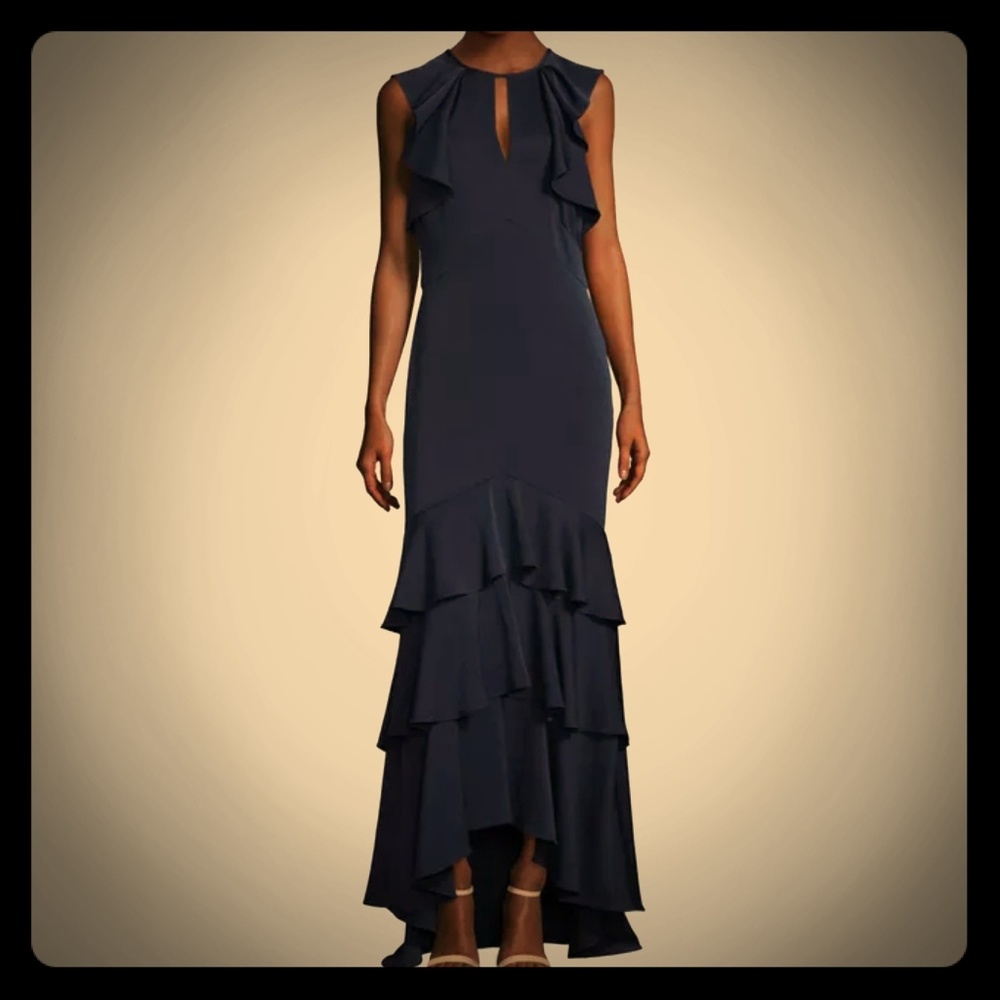 Shoshanna Midnight Sleeveless Tiered Ruffled Gown